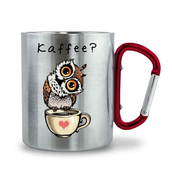 Eule auf Tasse Kaffee? - Edelstahltasse mit Karabinergriff