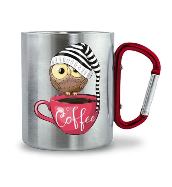 Eule auf Tasse mit Mütze - Edelstahltasse mit Karabinergriff