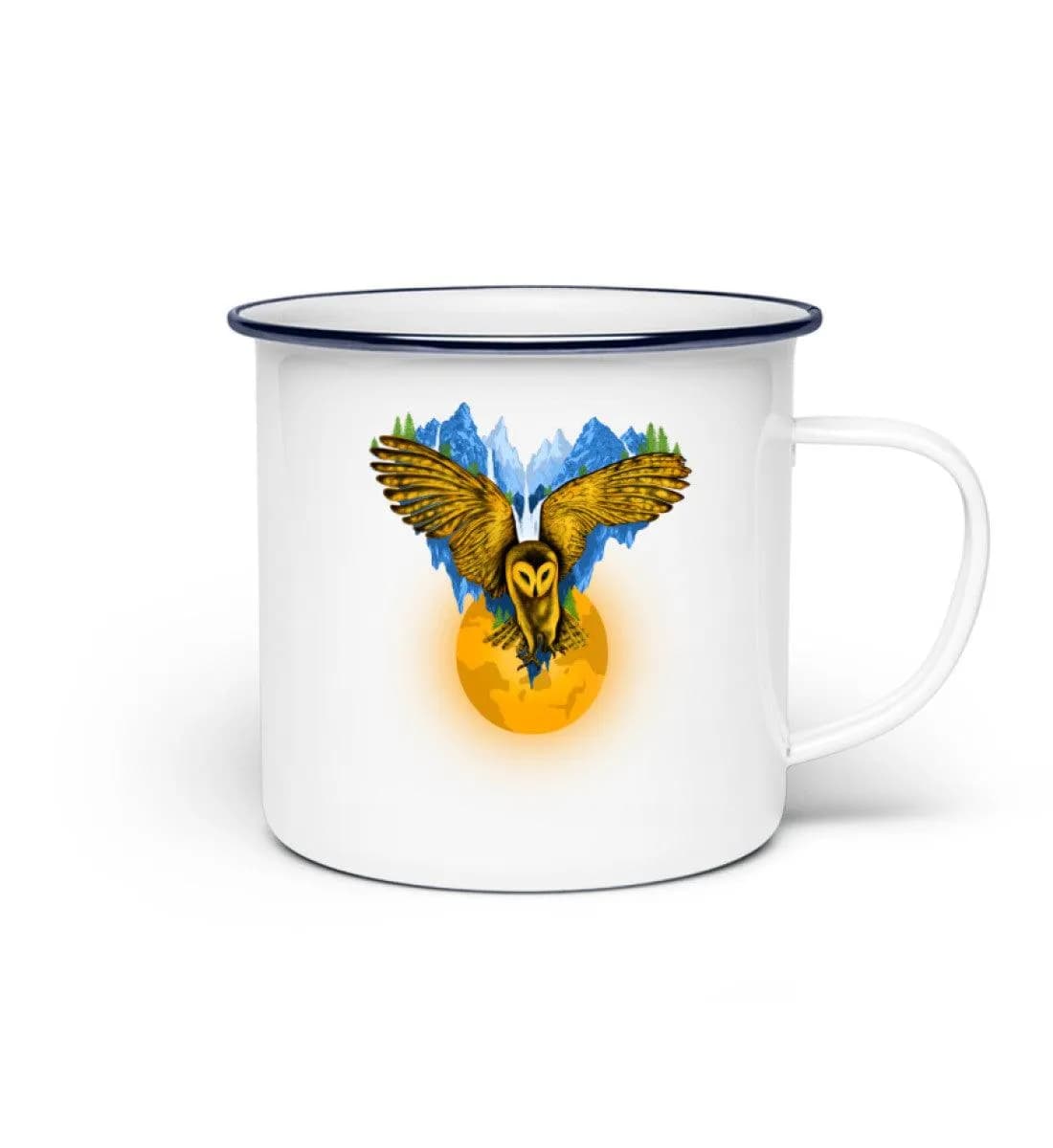 Berge auf fliegender Eule mit Mond - Emaille Tasse 2