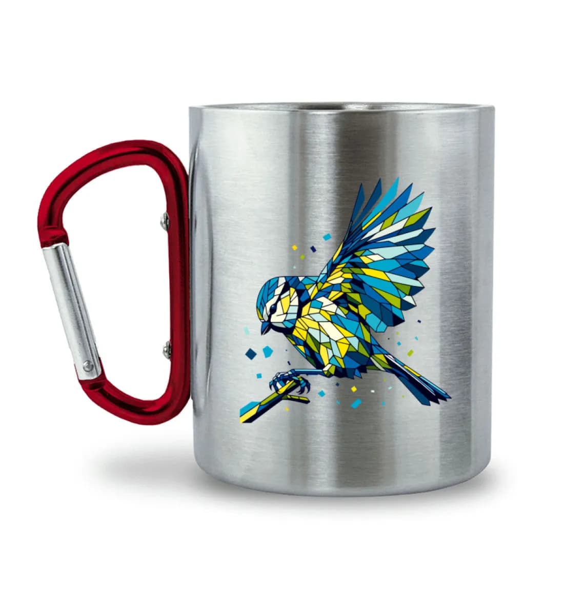 Blaumeise Polygon bunt - Edelstahltasse mit Karabinergriff 2