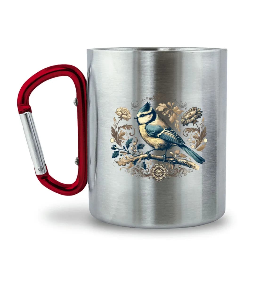 Blaumeise Retroblumen - Edelstahltasse mit Karabinergriff 2